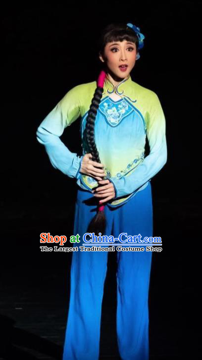 Drama Lan Huahua Chinese Folk Dance Blue Dress Stage Performance Dance Costume and Headpiece for Women