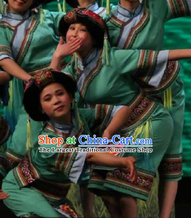 Goddess Ya Song Chinese Zhuang Nationality Dance Green Dress Stage Performance Dance Costume and Headpiece for Women