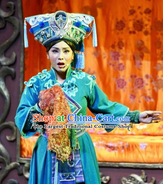 Drama Qian Yun Cliff Chinese Zhuang Nationality Green Dress Stage Performance Dance Costume and Headpiece for Women