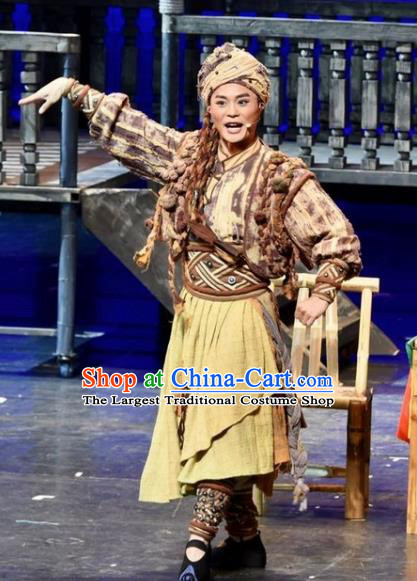 Drama Qian Yun Cliff Chinese Zhuang Nationality Youth Ginger Clothing Stage Performance Dance Costume and Headpiece for Men