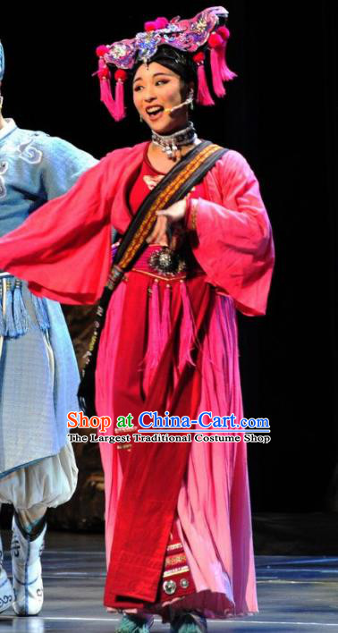 Drama Qian Yun Cliff Chinese Zhuang Nationality Rosy Dress Stage Performance Dance Costume and Headpiece for Women