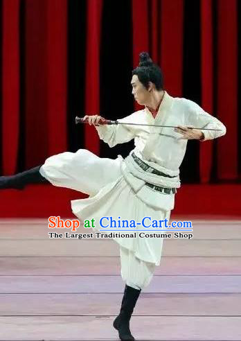 Drama Chinese Orphan Chinese Ancient Swordsman White Clothing Stage Performance Dance Costume and Headpiece for Men