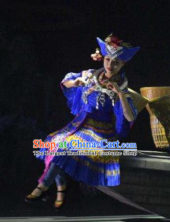 Hometown of Dragon Boat Tune Chinese Tujia Nationality Dance Blue Dress Stage Performance Dance Costume and Headpiece for Women