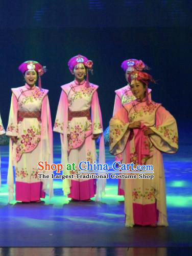 Hometown of Dragon Boat Tune Chinese Tujia Nationality Dance Pink Dress Stage Performance Dance Costume and Headpiece for Women