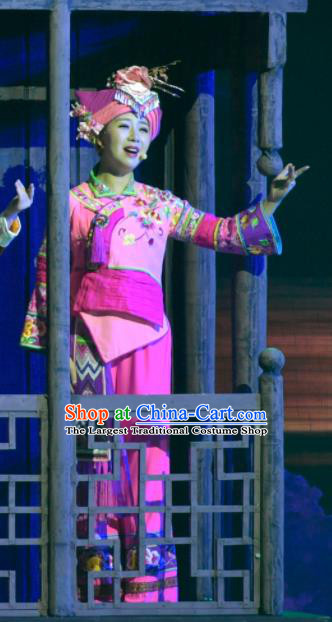 Hometown of Dragon Boat Tune Chinese Tujia Nationality Dance Rosy Dress Stage Performance Dance Costume and Headpiece for Women
