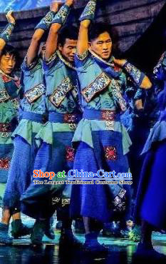 Hometown of Dragon Boat Tune Chinese Tujia Nationality Blue Clothing Stage Performance Dance Costume and Headpiece for Men