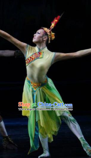 Hundred Bird Dress Chinese Classical Dance Green Dress Stage Performance Dance Costume and Headpiece for Women