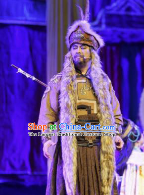 Cai Wenji Chinese Opera Ancient Han Dynasty Huns King Clothing Stage Performance Dance Costume and Headpiece for Men