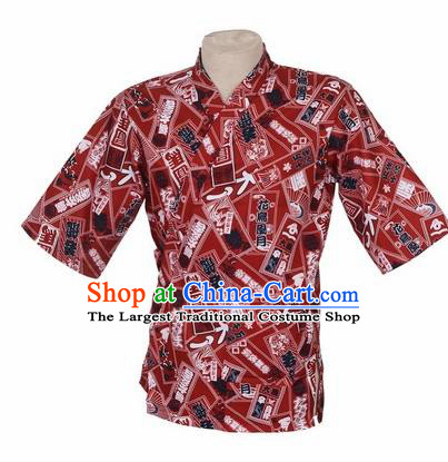 Traditional Japanese Printing Wine Red Shirt Kimono Asian Japan Costume for Men