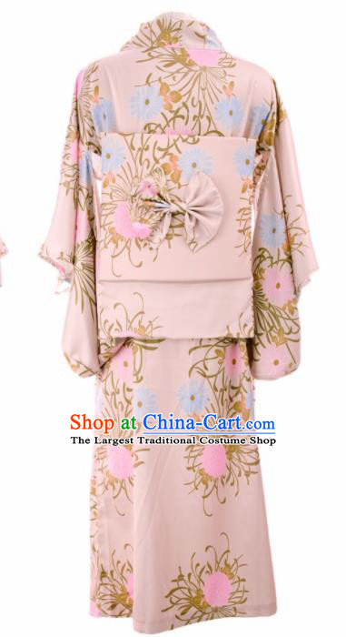 Traditional Japanese Printing Chrysanthemum Pink Kimono Asian Japan Yukata Dress for Women