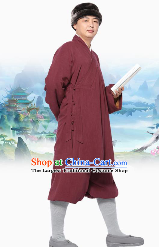 Traditional Chinese Monk Costume Meditation Purplish Red Flax Outfits Shirt and Pants for Men