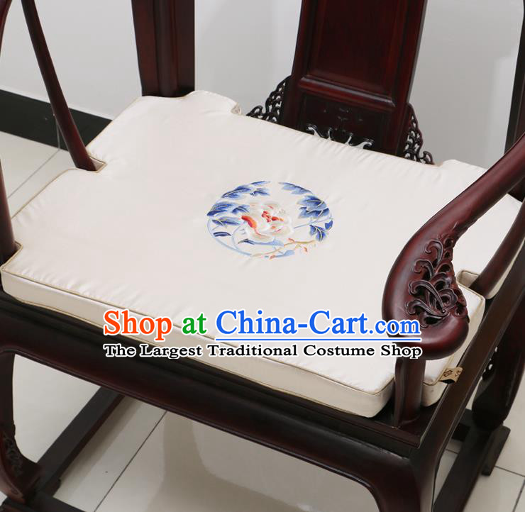 Chinese Classical Household Ornament Armchair Cushion Cover Traditional Embroidered Peony White Brocade Mat Cover