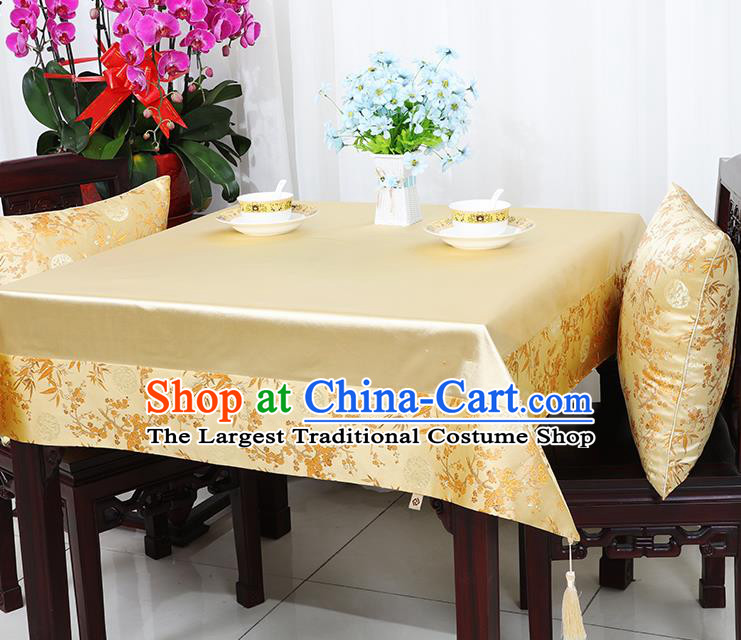 Chinese Traditional Plum Blossom Bamboo Pattern Golden Brocade Table Cloth Classical Satin Household Ornament Desk Cover