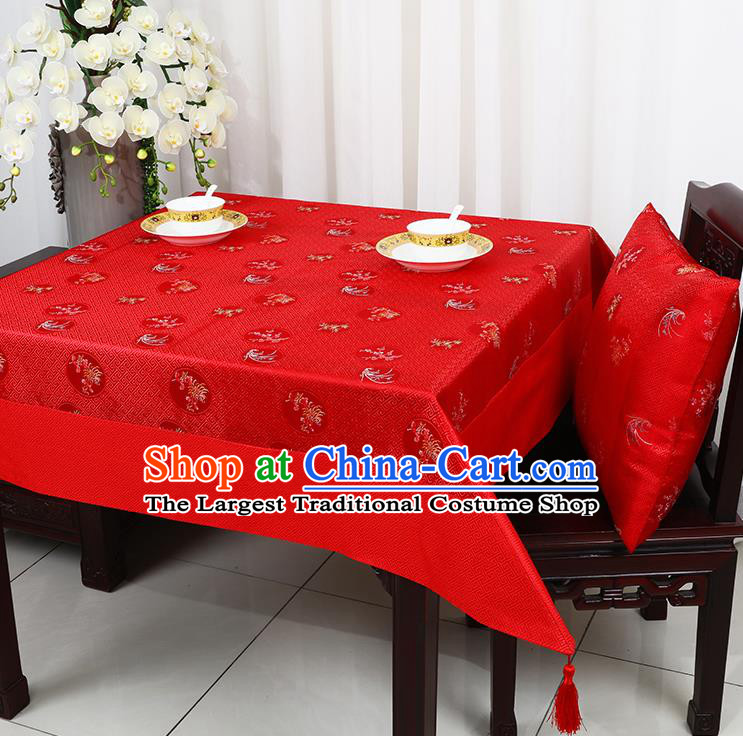 Chinese Traditional Orchid Chrysanthemum Pattern Red Brocade Table Cloth Classical Satin Household Ornament Desk Cover