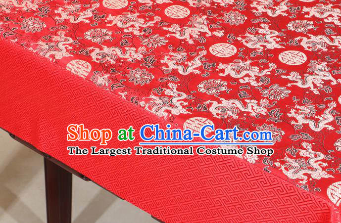 Chinese Traditional Longevity Dragons Pattern Red Brocade Desk Cloth Classical Satin Household Ornament Table Cover