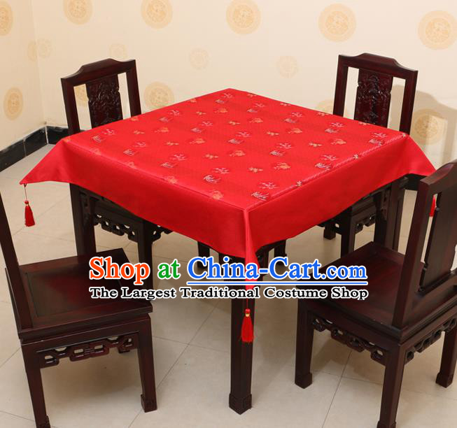 Chinese Traditional Orchid Bamboo Chrysanthemum Pattern Red Brocade Desk Cloth Classical Satin Household Ornament Table Cover