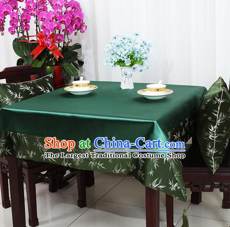 Chinese Traditional Bamboo Pattern Green Brocade Table Cloth Classical Satin Household Ornament Desk Cover