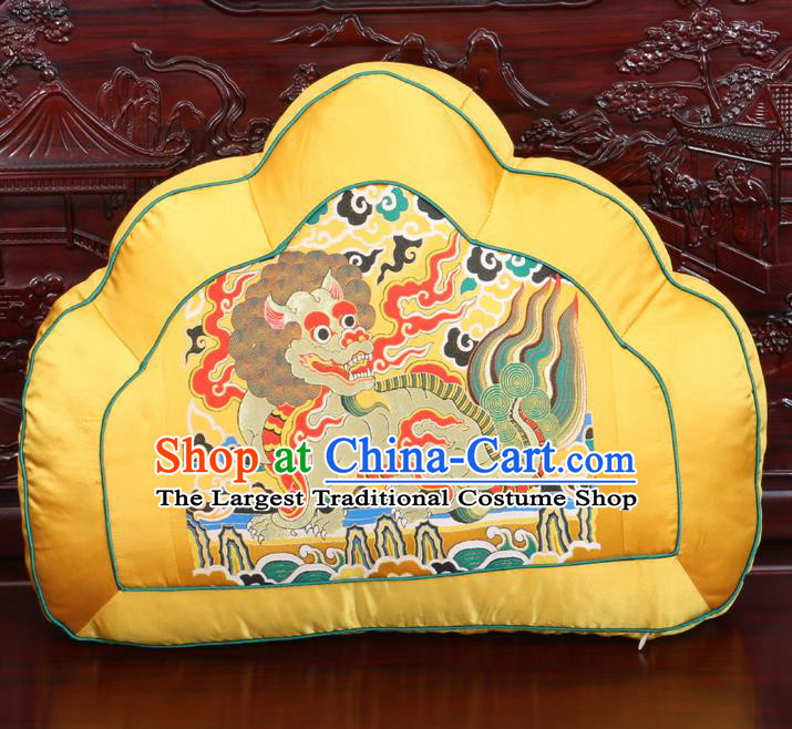 Chinese Traditional Embroidered Kylin Pattern Golden Brocade Back Cushion Cover Classical Household Ornament