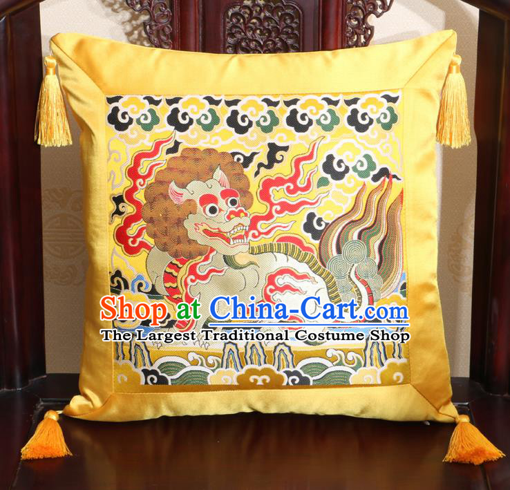Chinese Classical Kylin Pattern Golden Brocade Square Cushion Cover Traditional Household Ornament