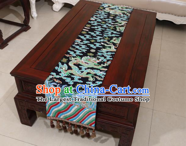 Chinese Traditional Dragon Pattern Navy Brocade Table Flag Classical Satin Household Ornament Table Cover