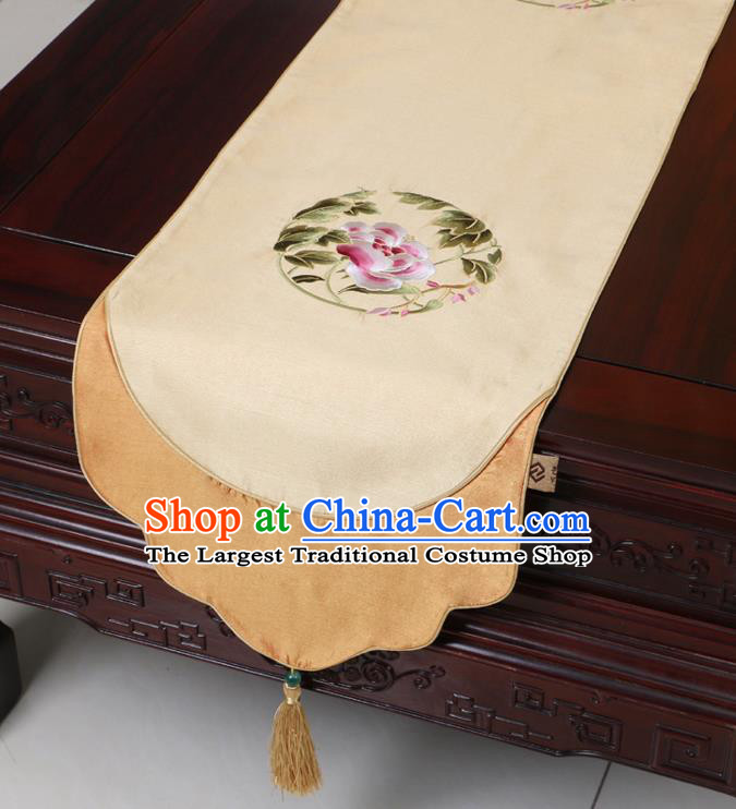Chinese Traditional Embroidered Peony Beige Brocade Table Cloth Classical Satin Household Ornament Table Flag