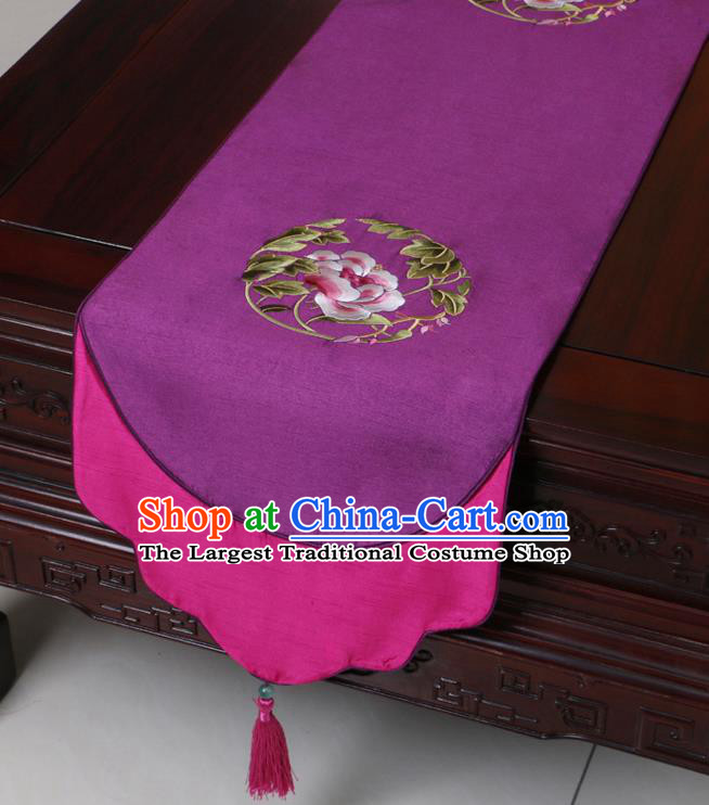 Chinese Traditional Embroidered Peony Purple Brocade Table Cloth Classical Satin Household Ornament Table Flag