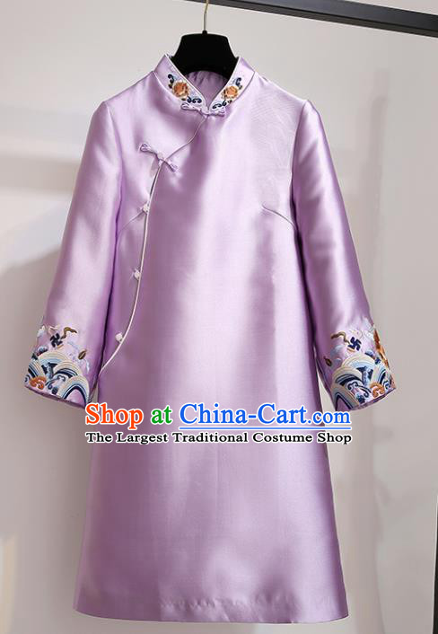 Chinese Traditional Tang Suit Costume Purple Satin Qipao Dress Cheongsam for Women