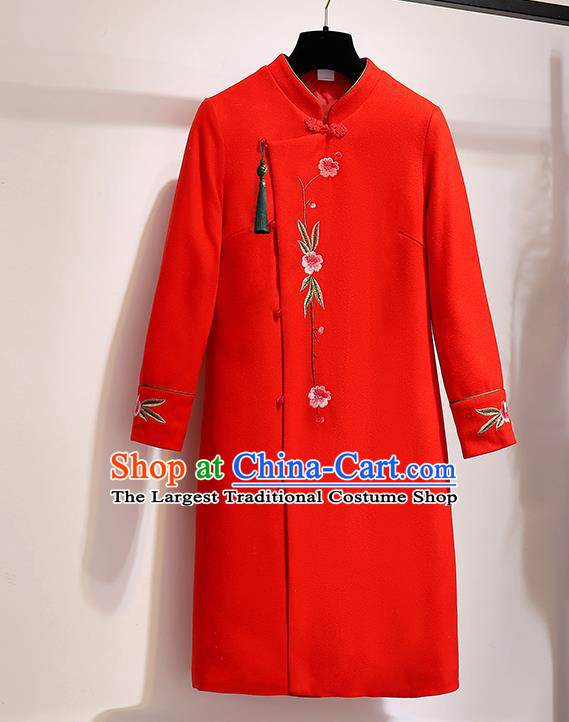 Chinese Traditional Costume Tang Suit Red Wool Dust Coat Cheongsam Upper Outer Garment for Women