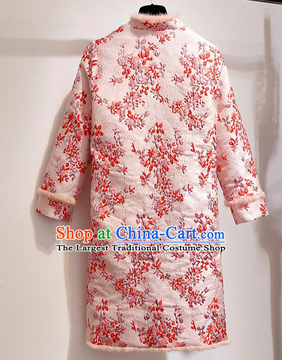 Chinese Traditional Tang Suit Costume Pink Cotton Wadded Qipao Dress Cheongsam for Women