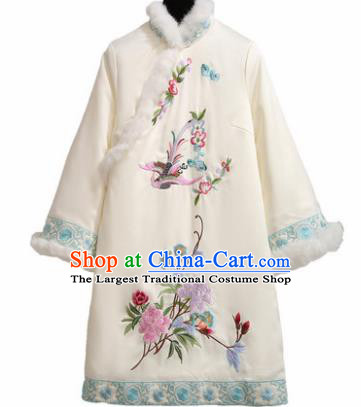 Chinese Traditional Tang Suit Costume Embroidered Peony White Cotton Wadded Qipao Dress Cheongsam for Women