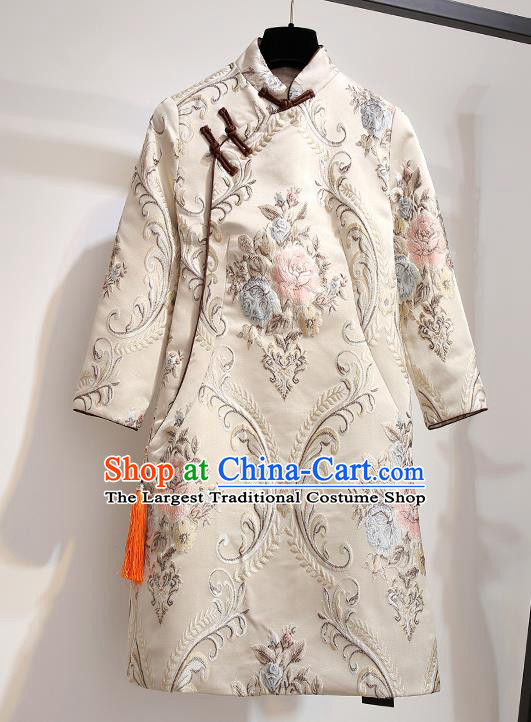 Chinese Traditional Costume Tang Suit Qipao Dress Beige Cheongsam for Women