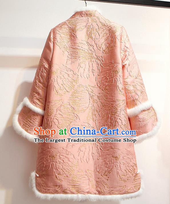 Chinese Traditional Costume Tang Suit Pink Dust Coat Cheongsam Upper Outer Garment for Women