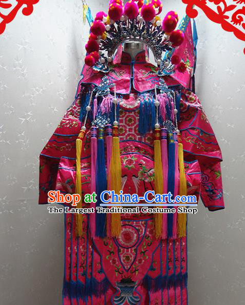 Chinese Traditional Beijing Opera Female General Rosy Embroidered Clothing Peking Opera Mu Guiying Costume for Adults
