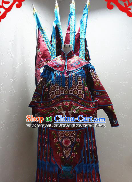 Chinese Traditional Beijing Opera Female General Wine Red Embroidered Clothing Peking Opera Mu Guiying Costume for Adults