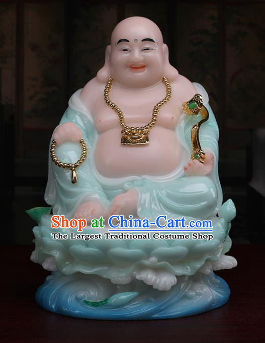 Chinese Traditional Religious Supplies Feng Shui Maitreya Green Cloth Statue Buddhism Decoration