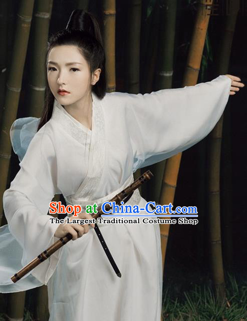 Chinese Ancient Drama Swordswoman White Hanfu Dress Traditional Ming Dynasty Heroine Costume for Women