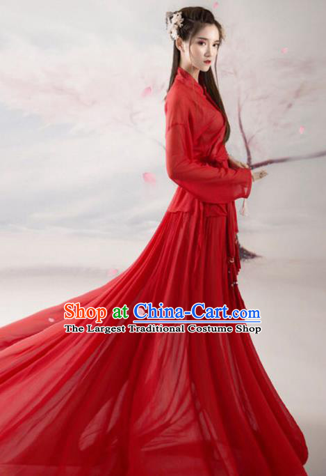 Chinese Ancient Swordswoman Red Hanfu Dress Traditional Han Dynasty Heroine Costume for Women