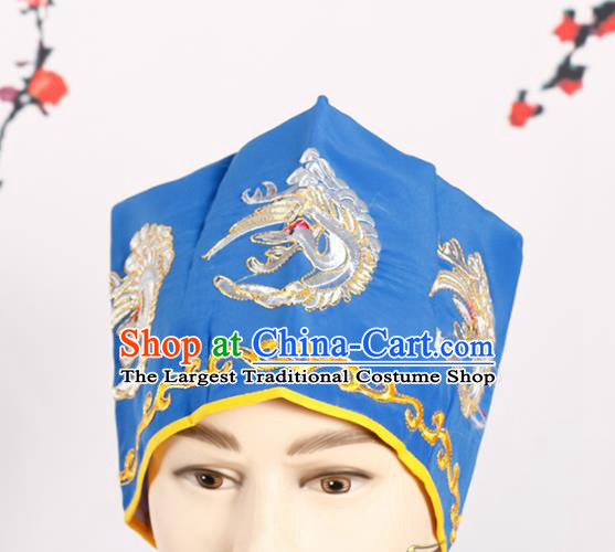 Chinese Traditional Beijing Opera Old Men Headwear Peking Opera Landlord Embroidered Crane Blue Hat