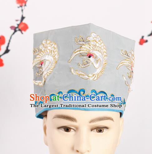 Chinese Traditional Beijing Opera Old Men Headwear Peking Opera Landlord Embroidered Crane Grey Hat
