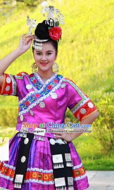 Chinese Traditional Miao Nationality Costume Ethnic Folk Dance Rosy Dress for Women