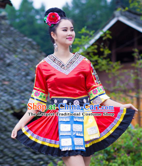 Chinese Traditional Miao Nationality Costume Hmong Ethnic Red Pleated Skirt for Women