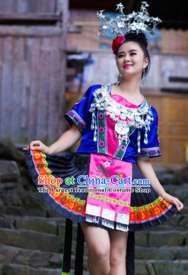 Chinese Traditional Miao Nationality Costume Hmong Ethnic Blue Pleated Skirt for Women