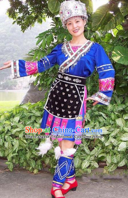 Chinese Traditional Miao Nationality Folk Dance Blue Costume Hmong Ethnic Pleated Skirt for Women