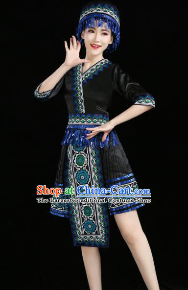 Chinese Traditional Zhuang Nationality Costume Ethnic Folk Dance Black Pleated Skirt for Women