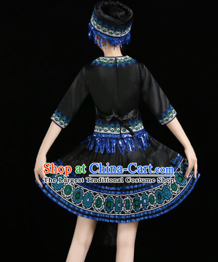 Chinese Traditional Zhuang Nationality Costume Ethnic Folk Dance Black Pleated Skirt for Women
