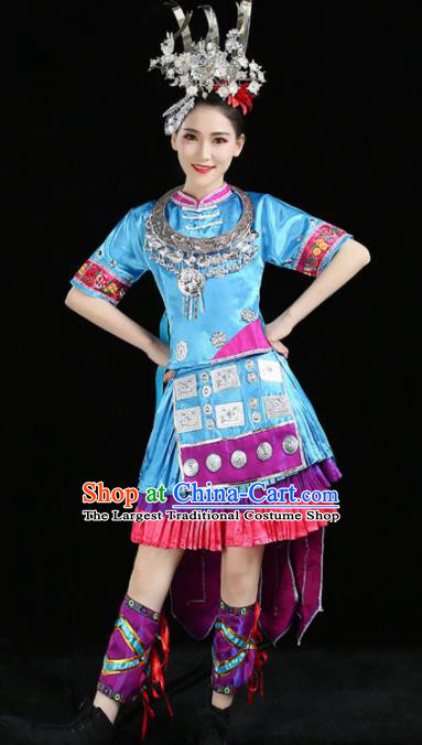 Chinese Traditional Yi Nationality Costume Ethnic Folk Dance Blue Pleated Skirt for Women