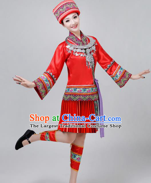 Chinese Traditional Dong Nationality Costume Ethnic Folk Dance Red Pleated Skirt for Women