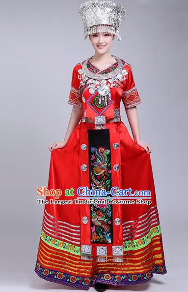 Chinese Traditional Miao Nationality Female Costume Ethnic Folk Dance Red Dress for Women