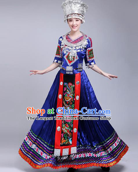 Chinese Traditional Miao Nationality Female Costume Ethnic Folk Dance Royalblue Dress for Women