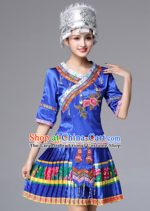Chinese Traditional Miao Nationality Female Royalblue Costume Ethnic Folk Dance Pleated Skirt for Women